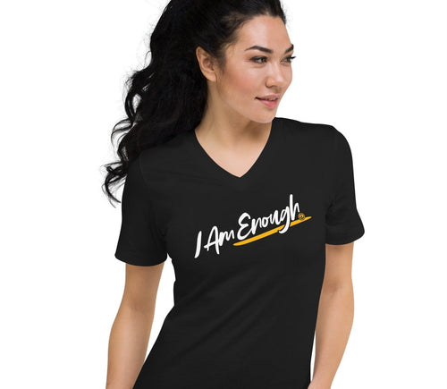 I AM ENOUGH - Inspirational Script V-Neck T-Shirt for Women in Black | I Am Enough Collection