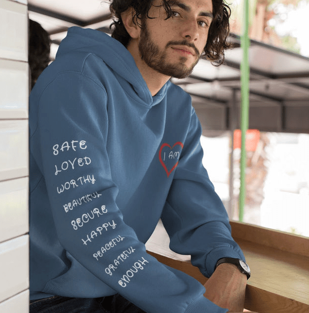 I AM HEART - Affirmation on Sleeve Hoodie for Men | I Am Enough Collection