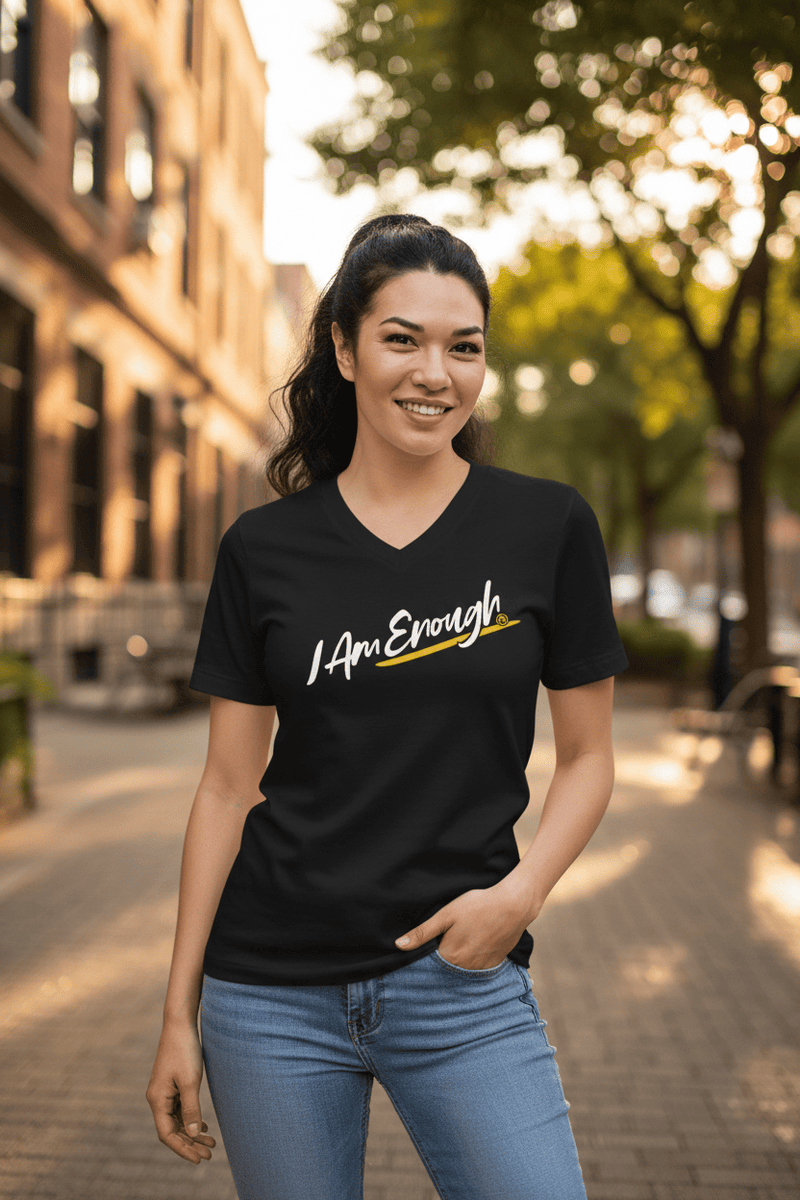 I AM ENOUGH Script V-Neck Mental Health T-Shirt for Women | I Am Enough Collection