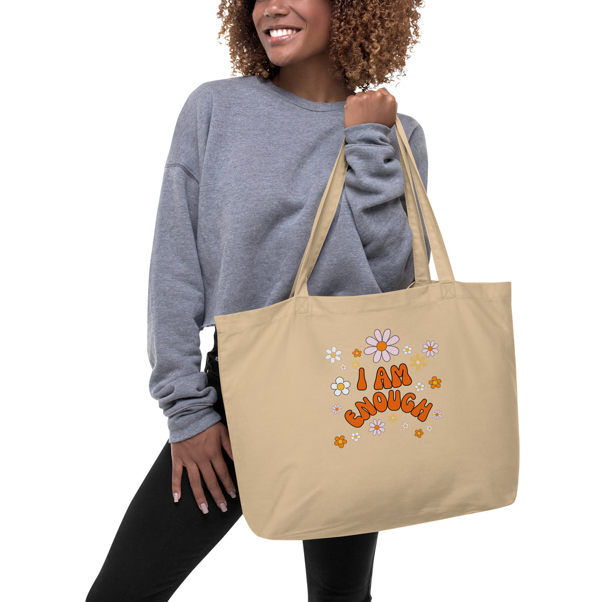 I AM ENOUGH Flower Power Large Organic Inspirational Affirmation Tote | I Am Enough Collection