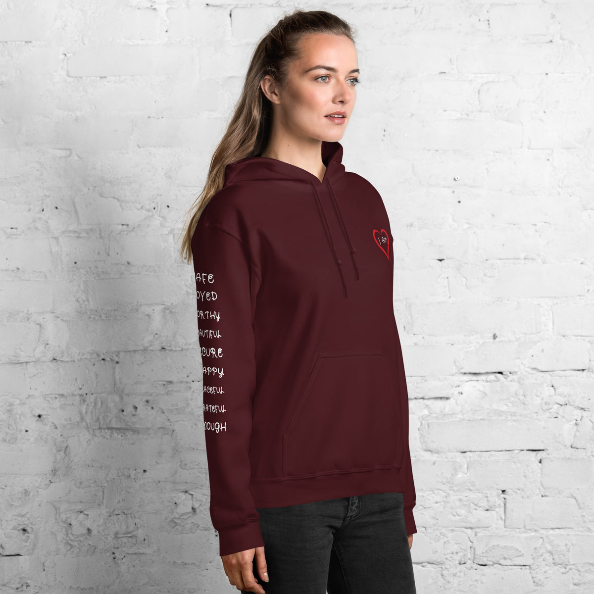 I AM HEART Self-Love Inspired Hoodie BEST SELLER Affirmations Right Sleeve for Women | I Am Enough Collection