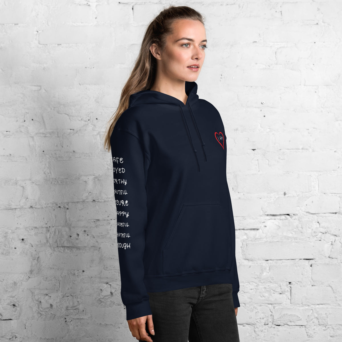 I AM HEART Self-Love Inspired Hoodie BEST SELLER Affirmations Right Sleeve for Women | I Am Enough Collection