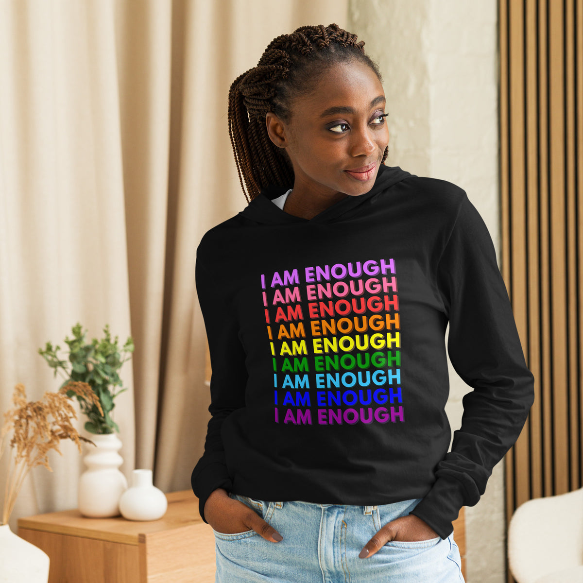 I AM ENOUGH with PRIDE Motivational Long-Sleeve Hooded Tee for Women | I Am Enough Collection