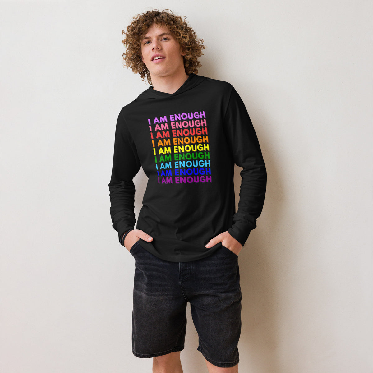 I AM ENOUGH with PRIDE Motivational Long-Sleeve Hooded T-Shirt for Men | I Am Enough Collection