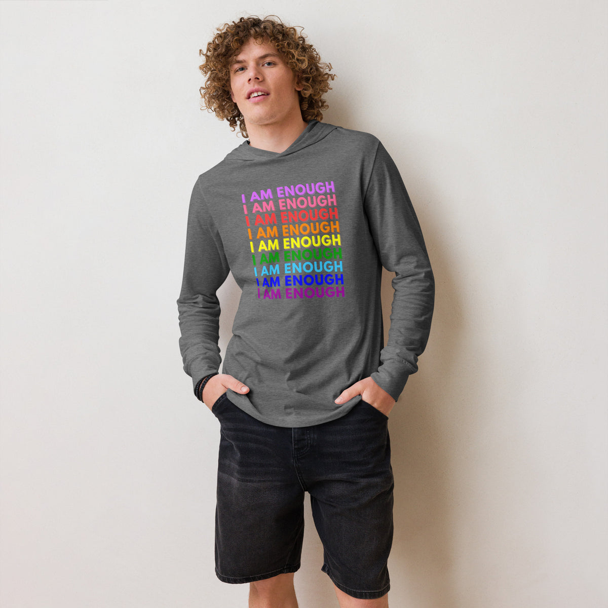 I AM ENOUGH with PRIDE Motivational Long-Sleeve Hooded T-Shirt for Men | I Am Enough Collection