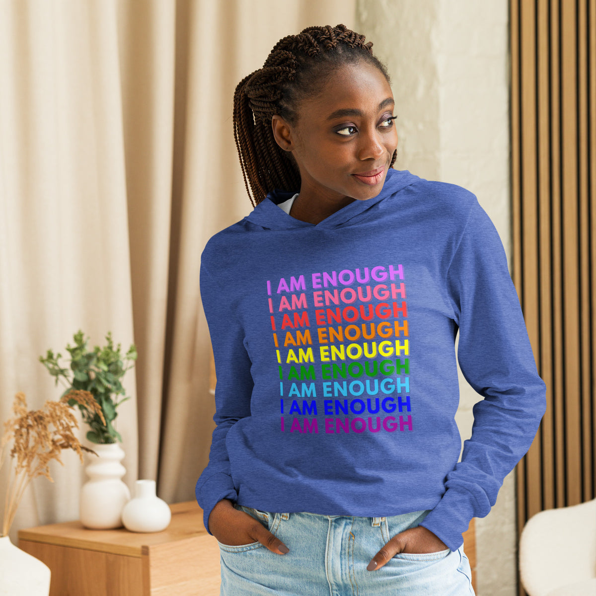 I AM ENOUGH with PRIDE Motivational Long-Sleeve Hooded Tee for Women | I Am Enough Collection