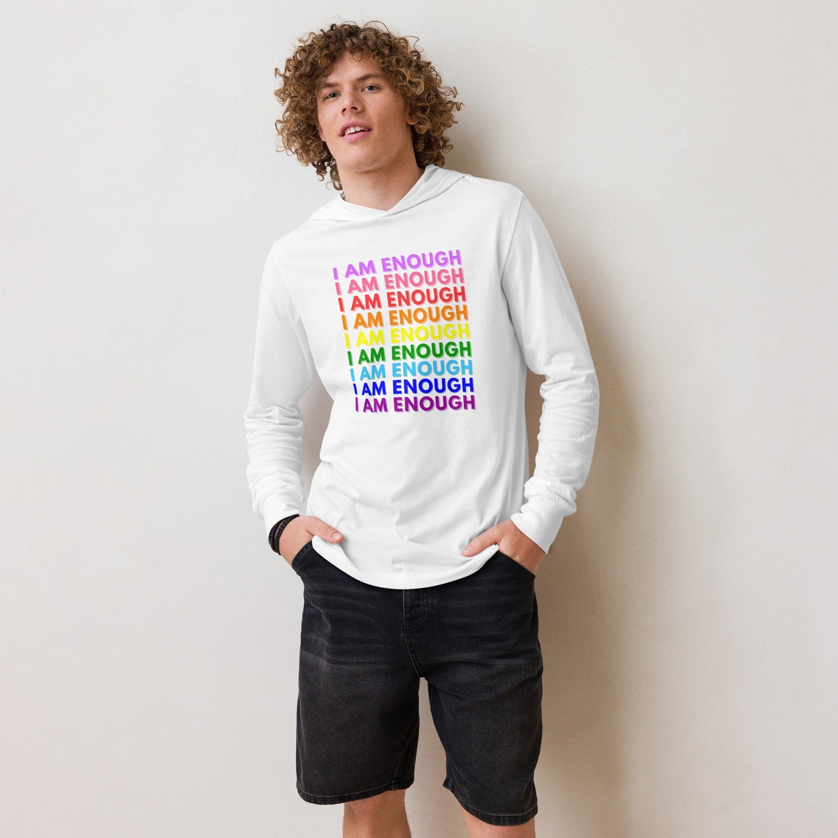 I AM ENOUGH with PRIDE Motivational Long-Sleeve Hooded T-Shirt for Men | I Am Enough Collection