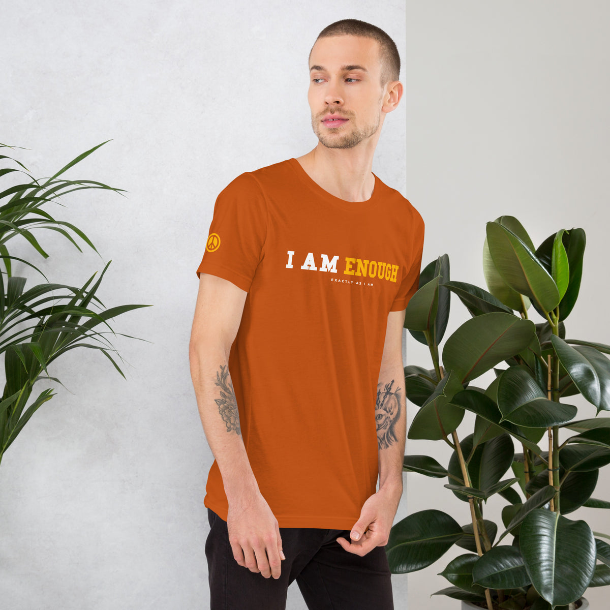 I AM ENOUGH STRONG Mental Health T-Shirt with Peace Sign on Sleeve for Men | I Am Enough Collection