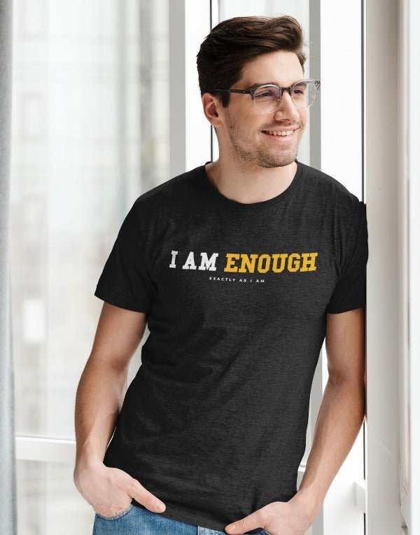 I AM ENOUGH STRONG - Mental Health T-Shirt for Men with Peace Sign on Sleeve | I Am Enough Collection