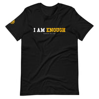 Black I AM ENOUGH STRONG - Women's Mental Health T-Shirt with yellow peace sign on sleeve.
