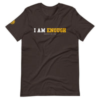 Brown I AM ENOUGH STRONG - Women's Mental Health T-Shirt with yellow peace sign on sleeve.