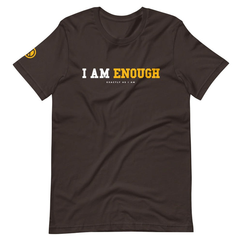 Brown I AM ENOUGH STRONG - Women's Mental Health T-Shirt with yellow peace sign on sleeve.