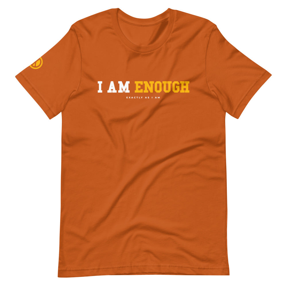 Orange I AM ENOUGH STRONG - Women's Mental Health T-Shirt with yellow peace sign on sleeve.
