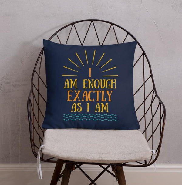 I AM ENOUGH VINTAGE AFFIRMATION PILLOW in wire chair with white padding