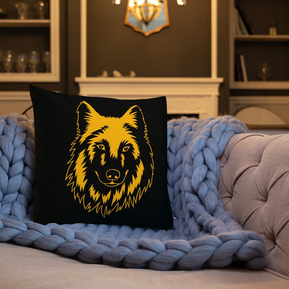Black STRONG WOLF PILLOW with WRITING ON BACK | I Am Enough Collection on blue knit blanket in a great room.