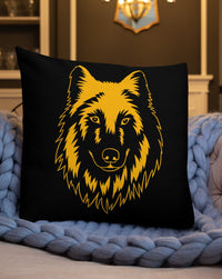 Black STRONG WOLF I AM FIERCELY ENOUGH PILLOW - on a blue knit blacket in a great room.