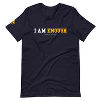 Navy I AM ENOUGH STRONG - Women's Mental Health T-Shirt with yellow peace sign on sleeve.