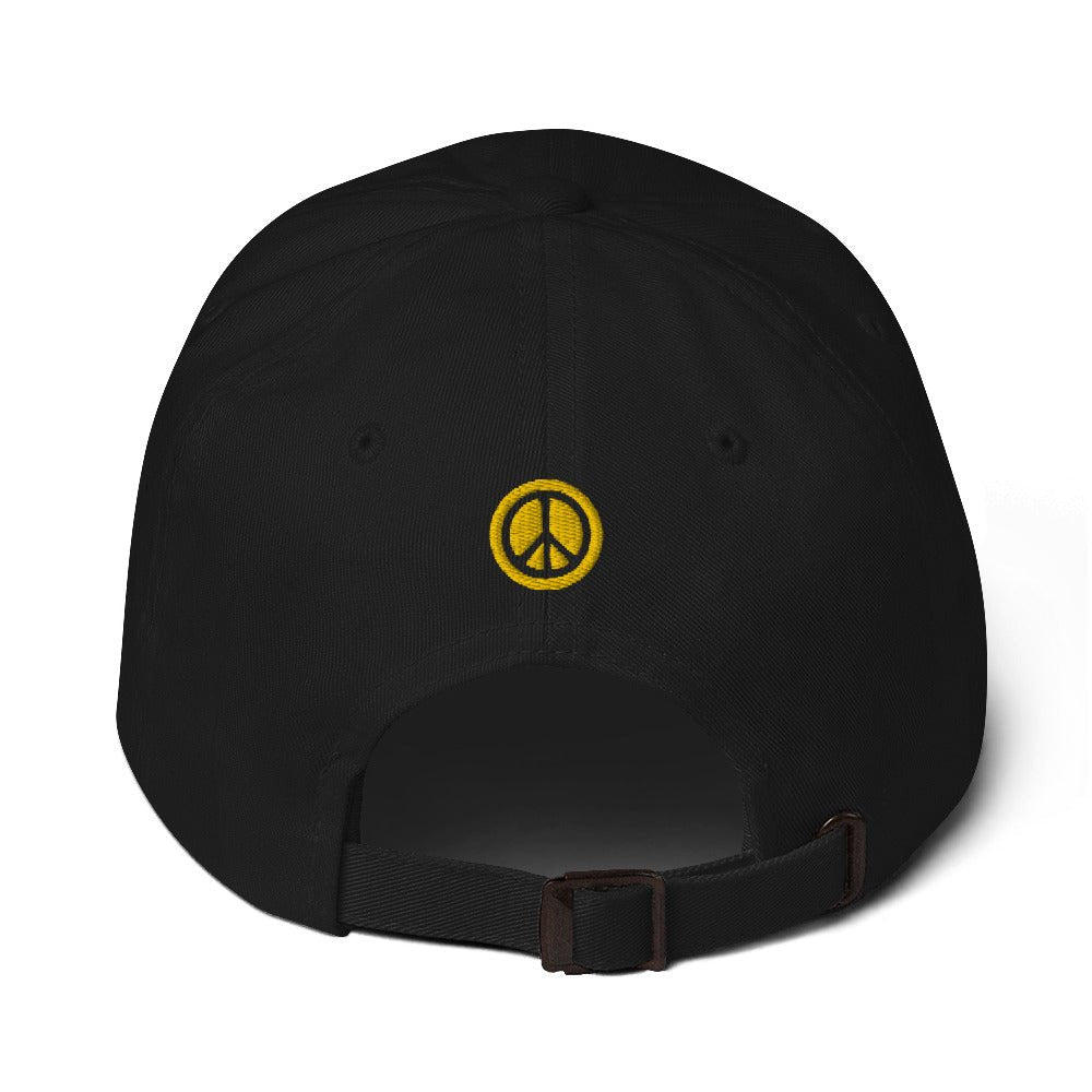 Back of a black I AM ENOUGH STRONG - Inspirational Embroidered Baseball Cap showing a small yellow peace sign