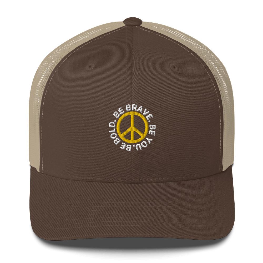 Khaki with brown front BE BOLD BRAVE YOU - Inspirational Custom Embroidered Trucker Hat with peace sign