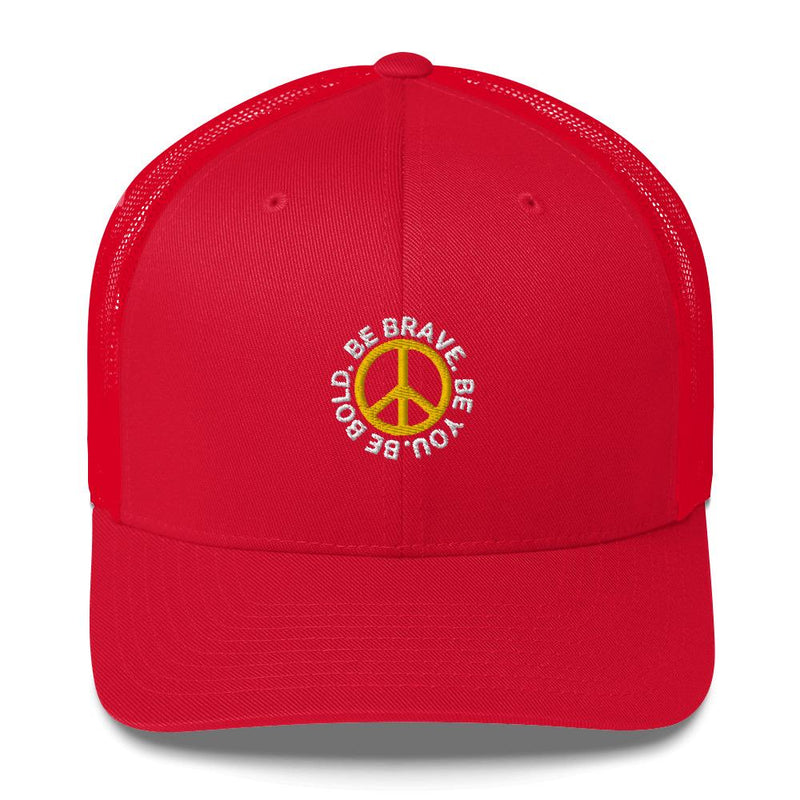 Red BE BOLD BRAVE YOU - Inspirational Custom Embroidered Trucker Hat with peace sign