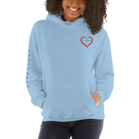 Woman wearing light blue I AM ENOUGH HEART - Affirmation Hoodie for Women