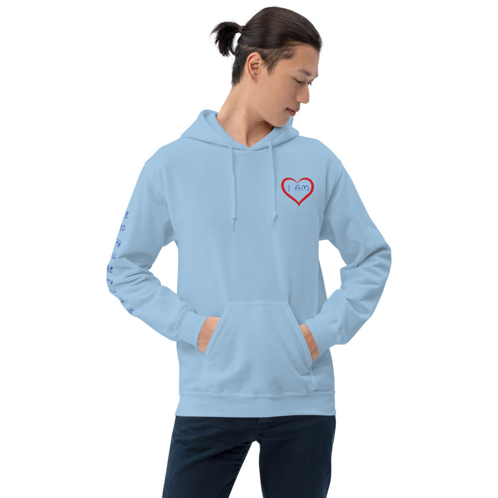  Young hip man wearing a light blue I AM ENOUGH HEART - Affirmation Hoodie for Men
