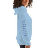 Woman wearing light blue I AM ENOUGH HEART - Affirmation Hoodie for Women