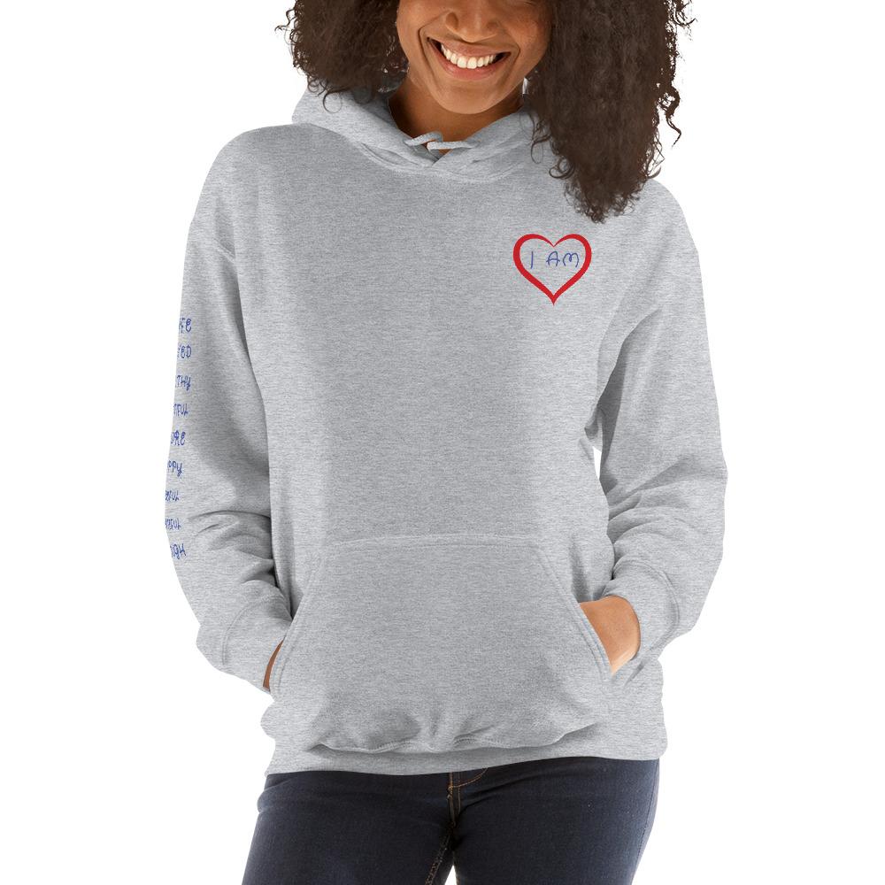 Woman wearing sport gray I AM ENOUGH HEART - Affirmation Hoodie for Women