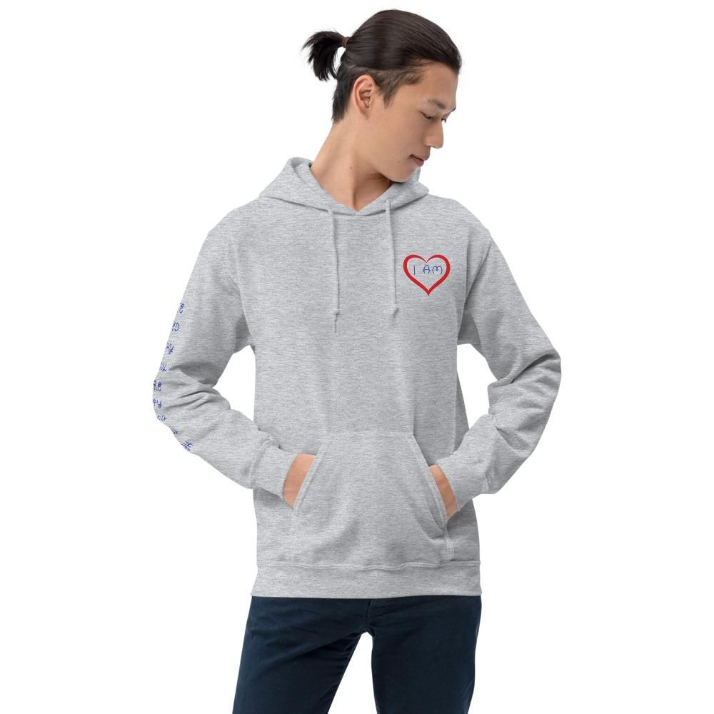 Hip young man wearing a sport grey I AM ENOUGH HEART - Affirmation Hoodie for Men
