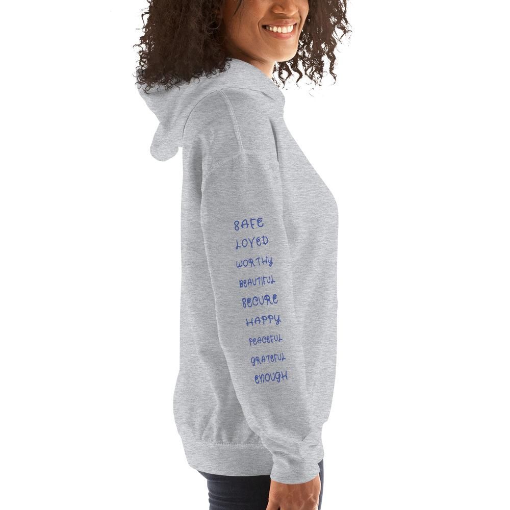 Woman wearing sport grey I AM ENOUGH HEART - Affirmation Hoodie for Women