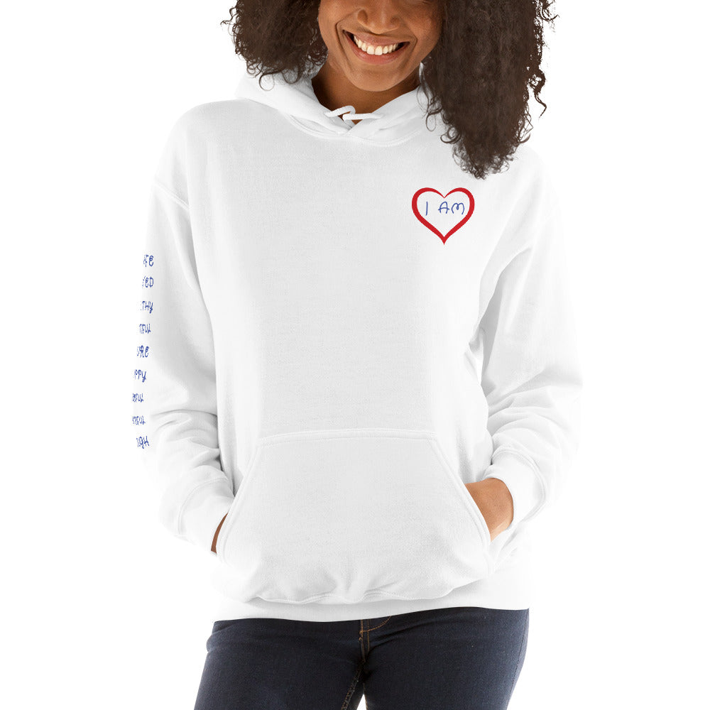 Woman wearing white I AM ENOUGH HEART - Affirmation Hoodie for Women