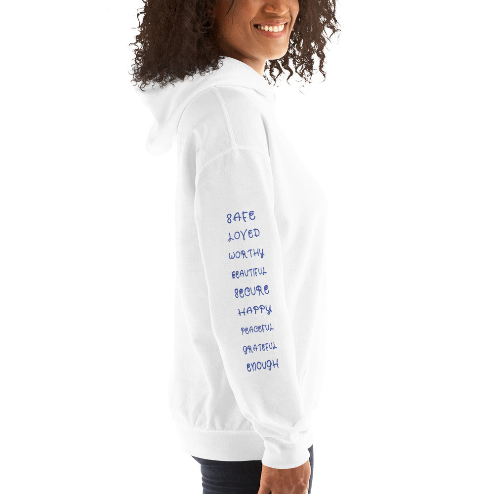 Woman wearing white I AM ENOUGH HEART - Affirmation Hoodie for Women