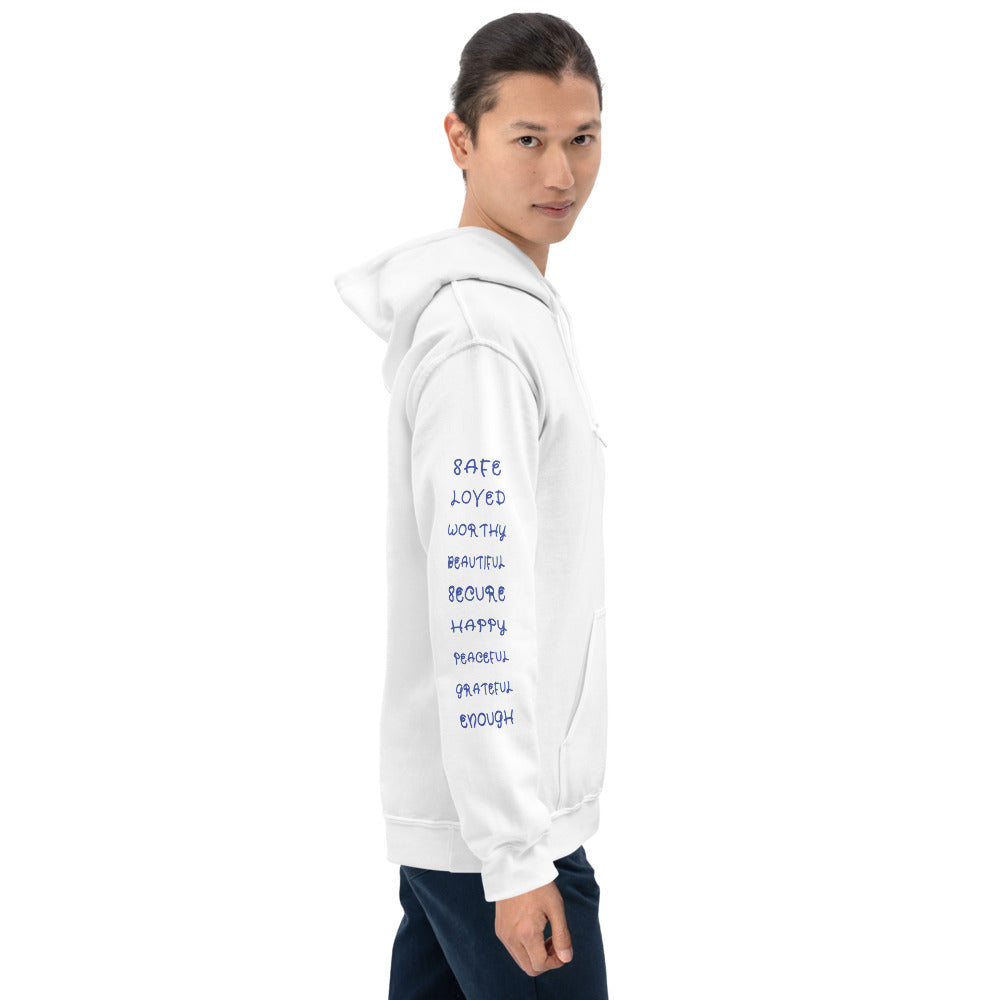 Hip young man wearing white I AM ENOUGH HEART - Affirmation Hoodie for Men