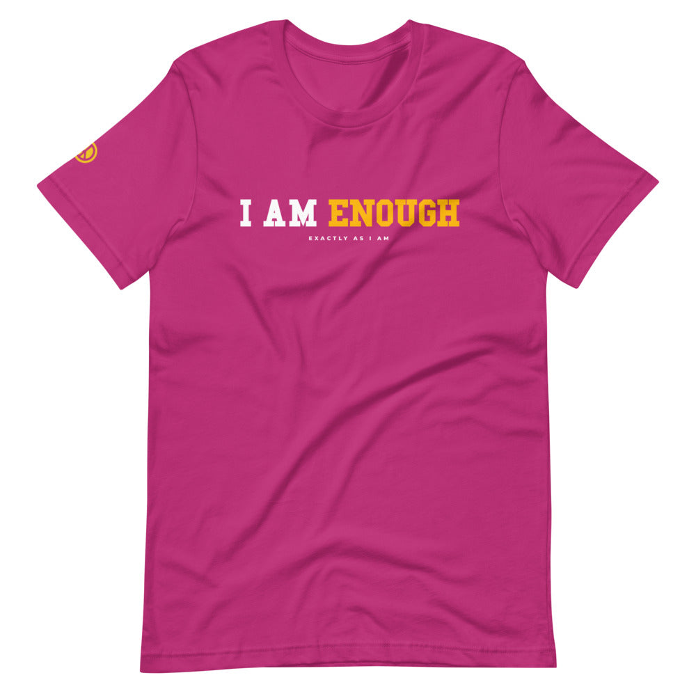 Berry I AM ENOUGH STRONG - Women's Mental Health T-Shirt with yellow peace sign on sleeve.