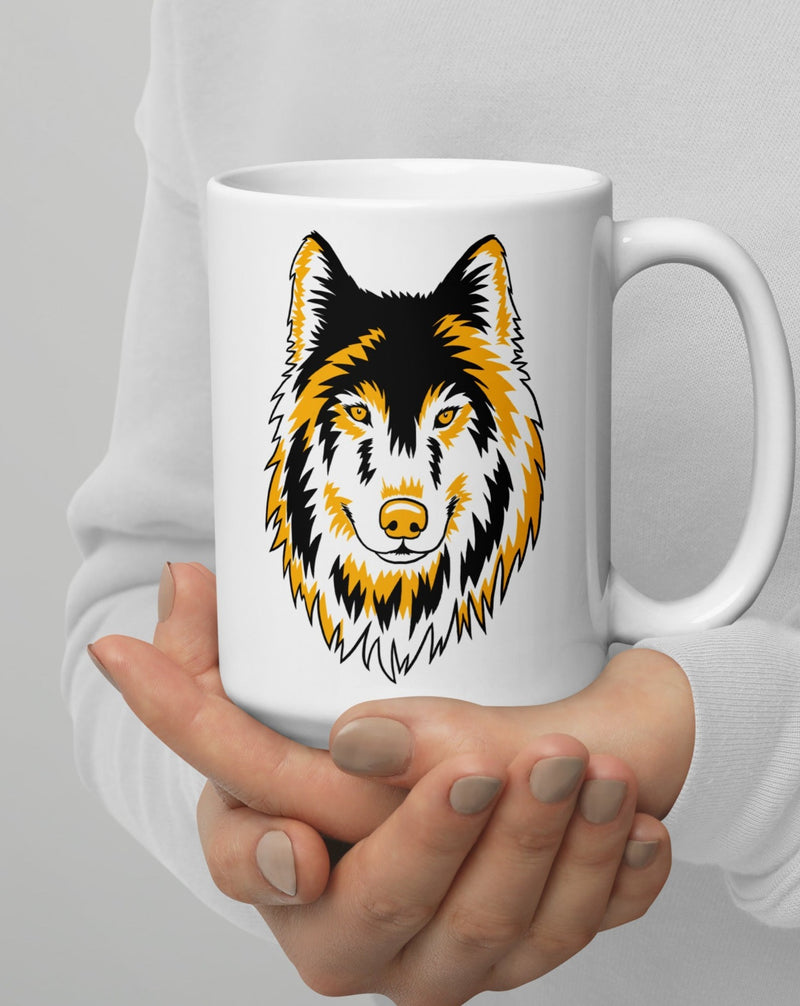 White glossy STRONG WOLF I AM FIERCELY ENOUGH - Inspirational 15oz Large Mug - On the back of the DOUBLE SIDED ceramic mug reads, "I RUN WITH THE WOLVES. I AM FIERCELY ENOUGH!!" 
